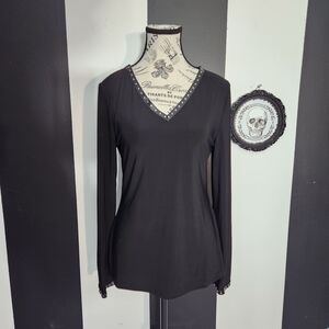 Joseph Ribkoff Black Long Sleeve V-Neck Top with Stud Trim